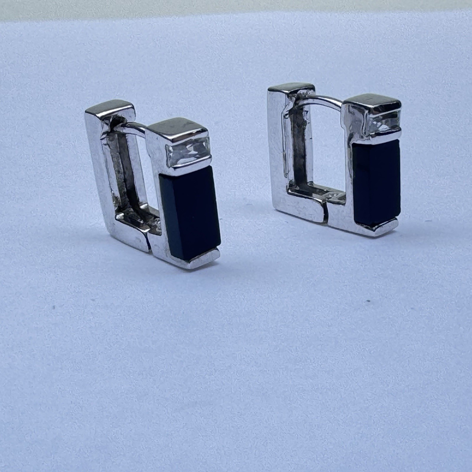 Onyx Sterling Silver Square Huggie Vintage Earrings
