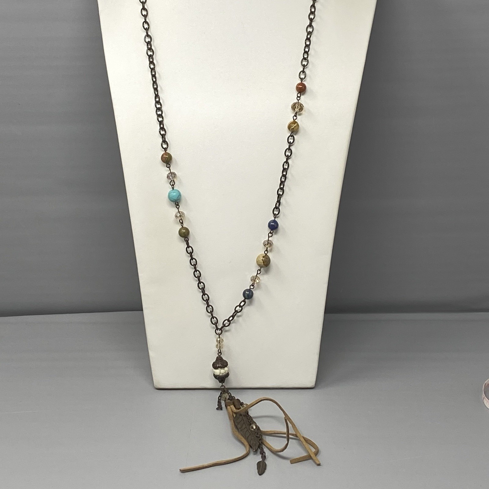 Bohemian Tassel Pendant Necklace Designer Assorted Gemstones Brown Chain 36″