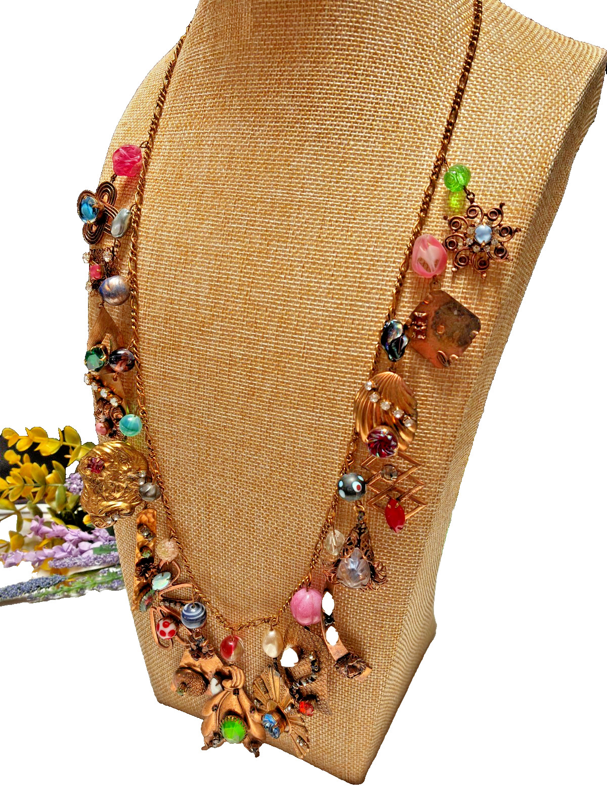 Amazing Artisan Made Antique & Vintage Stone Jewel Charm Chain 30″ Necklace