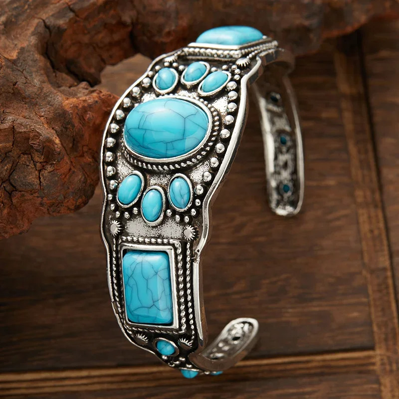 Women’s Vintage Bohemian Jewelry Cuff Bracelet with Faux Turquoise Opening