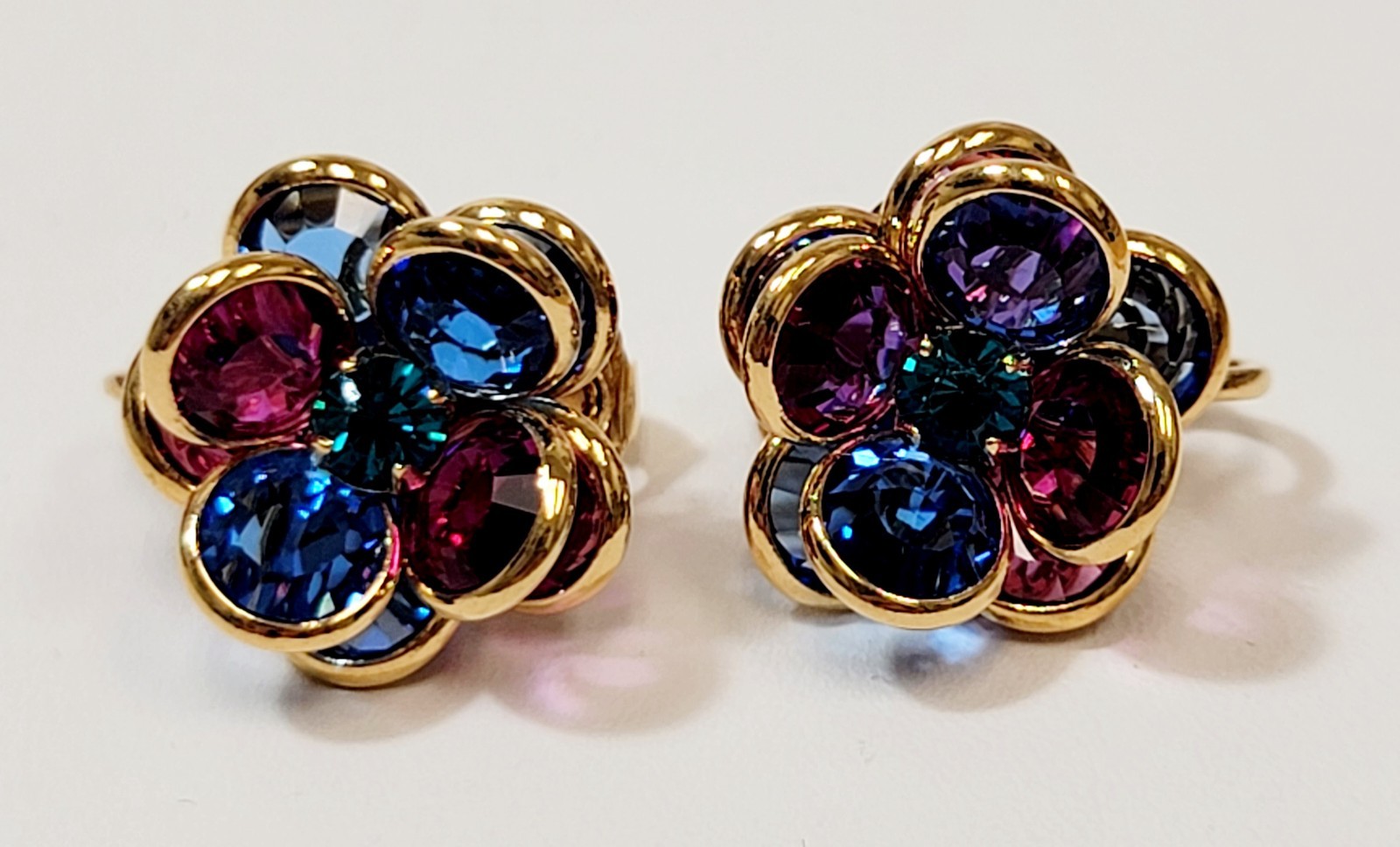 Swarovski Bezel Set Jewel Tone Crystal 3D Flower Earrings Vintage Multicolor