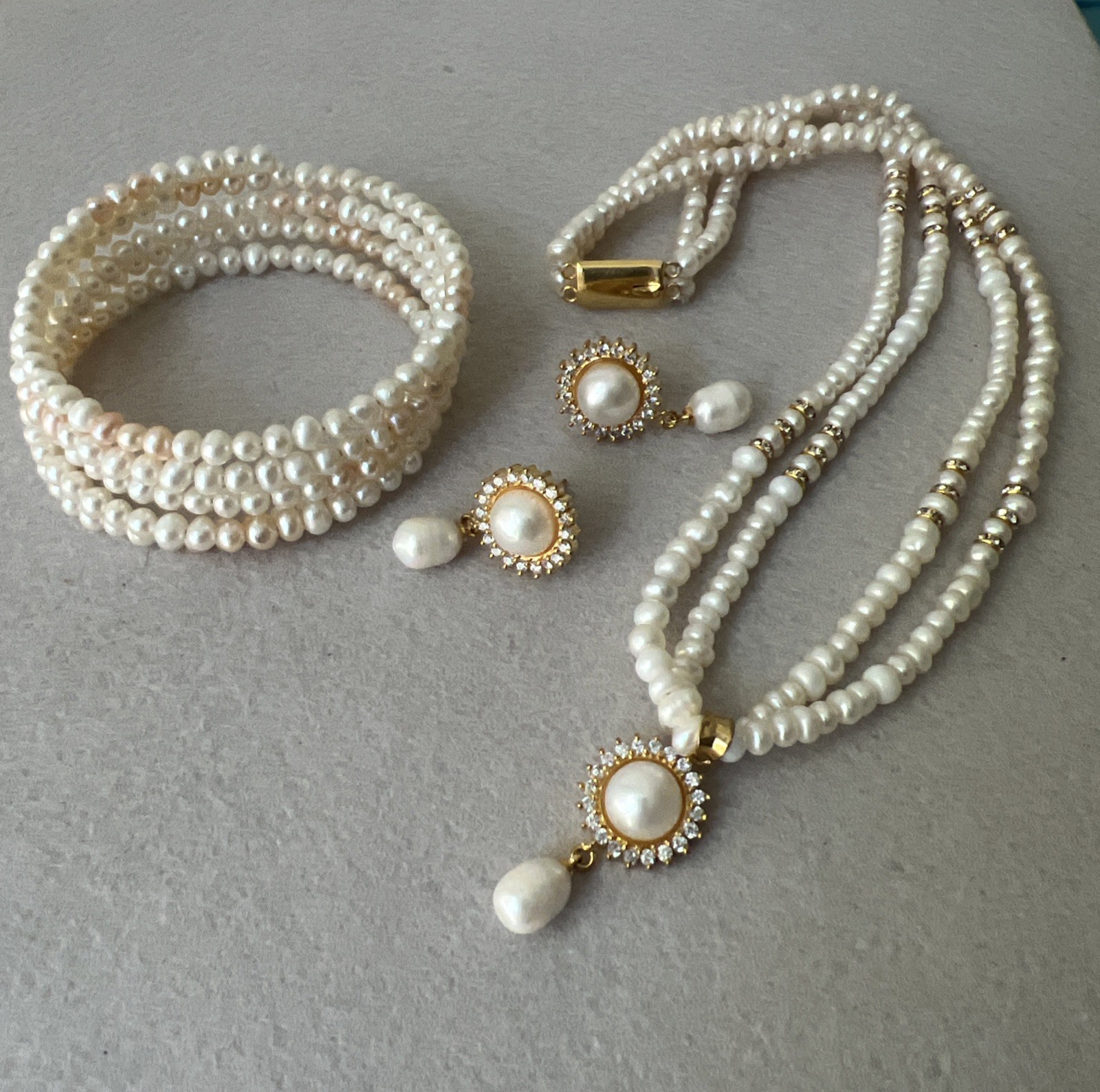 Vintage Freshwater Pearl & Rhinestone Necklace, Pierced Earrings & Coil Bracelet