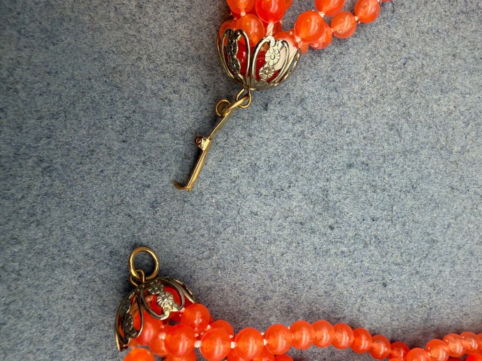 Multi-Strand Beaded Necklace 25 In Orange Filigree Endcap Gold Clasp Vintage