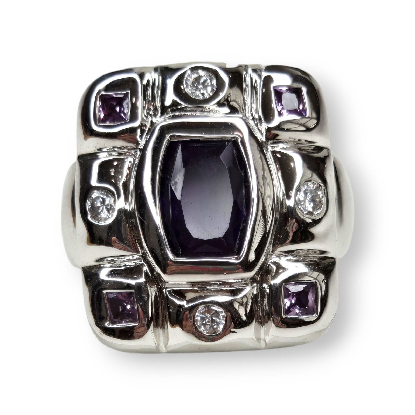 Sterling Silver 925 Chunky Amethyst Sapphire and Clear Quartz Ring Size 7