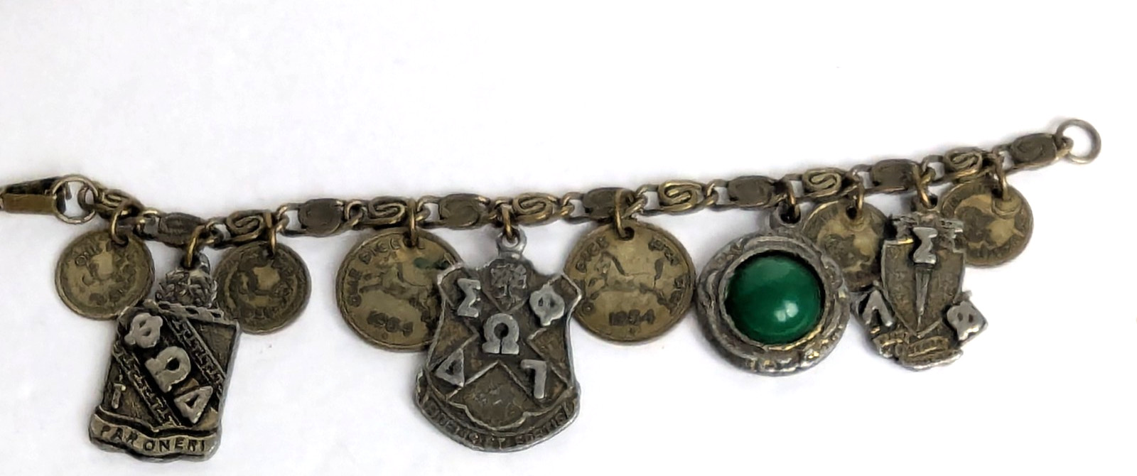 1950s Vintage Heraldic Chunky Charm Bracelet with Pakistan and India Coins 7″
