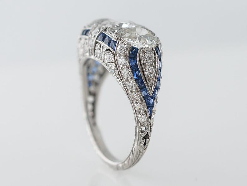 3 CTW White Round Cut CZ Three Stone Art Deco & Sapphire Ring In Sterling Silver