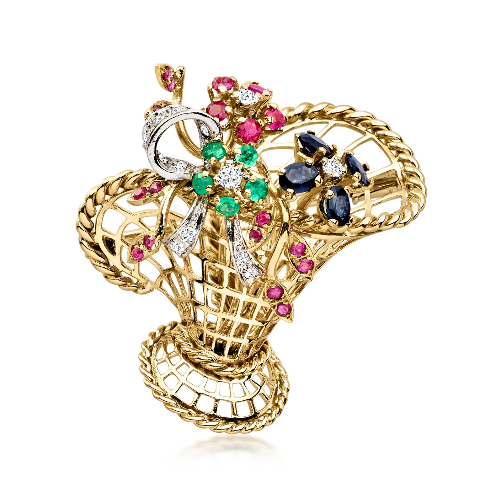 Vint Multi-Gmstn & Diamond Basket Pin in 18k Gold