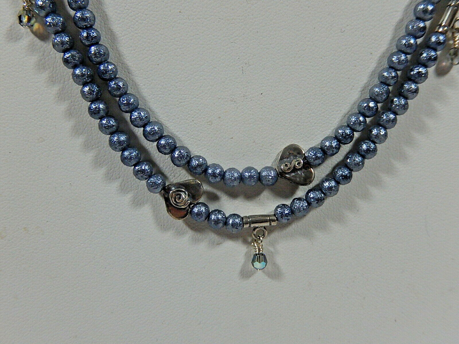 VTG STERLING SILVER 2 STRAND HEART BEAD AND GRAY W CRYSTAL DANGLES NECKLACE 36g