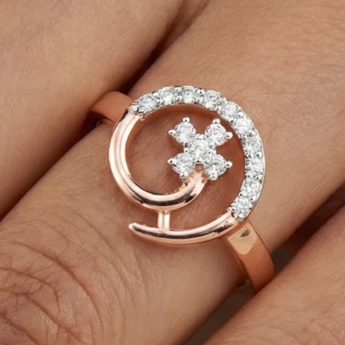 Round Cut 0.50TCW White Moissanite Moon & Star Pattern Ring In 10K Rose Gold FN