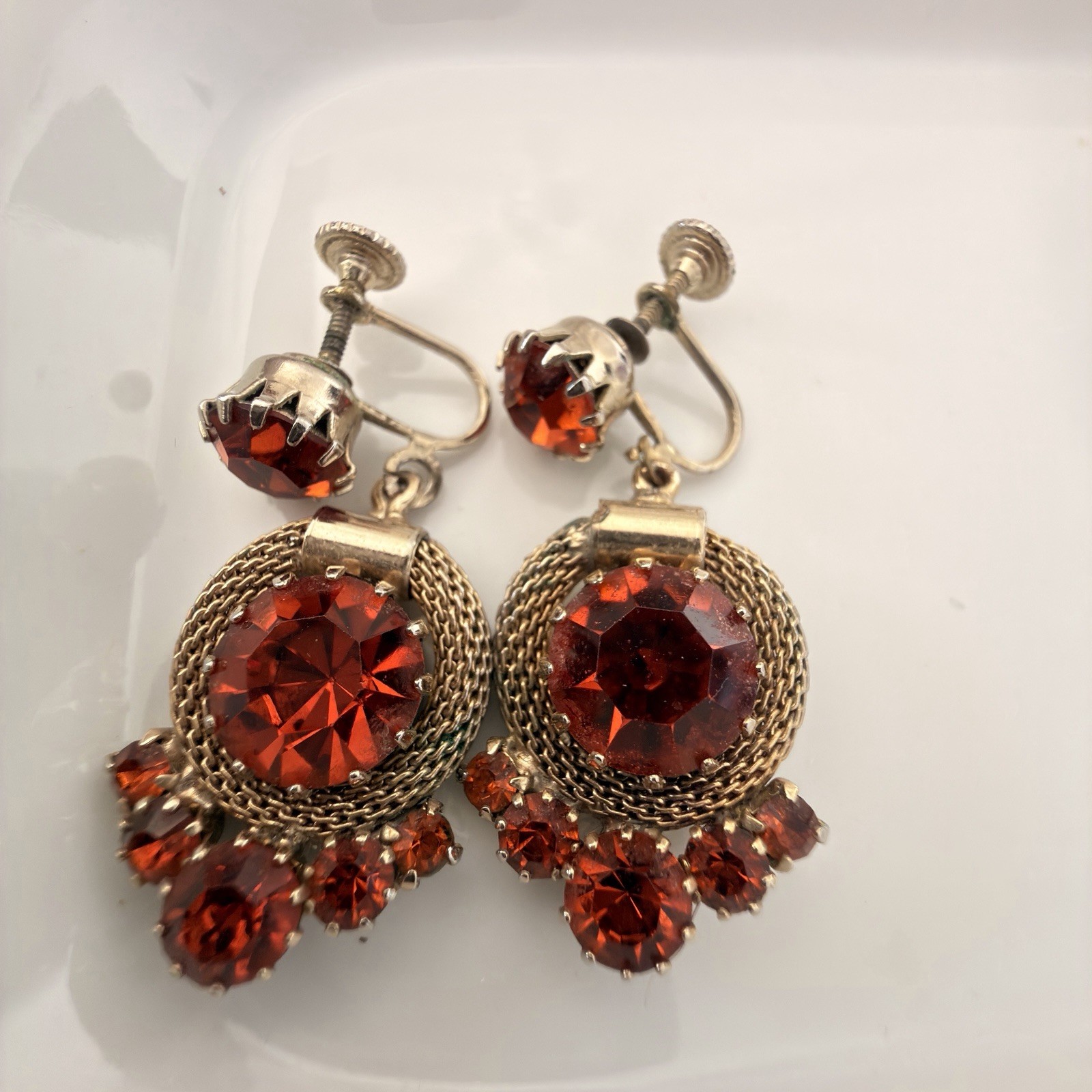 RARE Signed Weiss Fire Opal Red Rhinestone Wreath Brooch Screwback Earrings Set