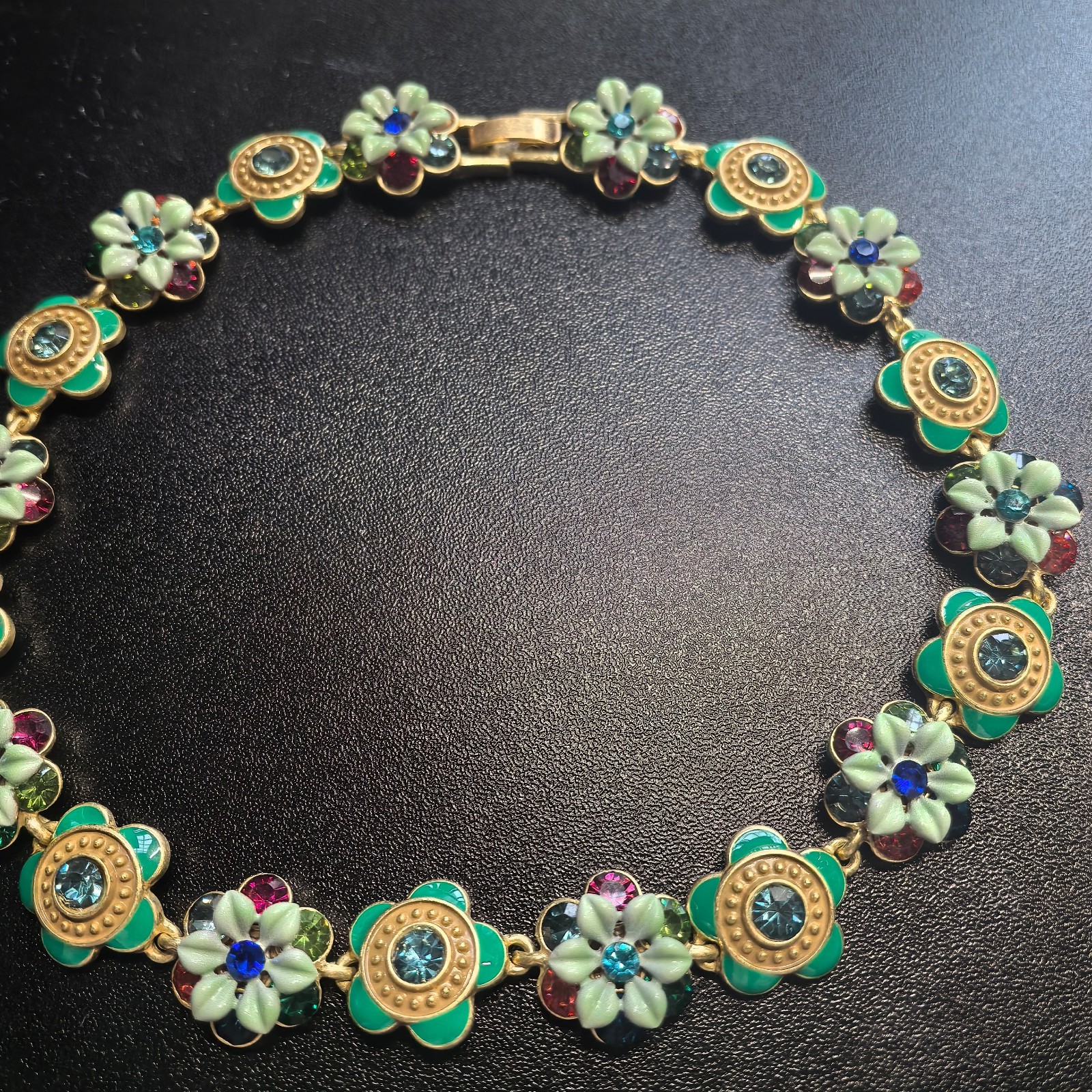 Vintage European Floral Link Necklace Rhinestone Gold Victorian Jewelry Gift