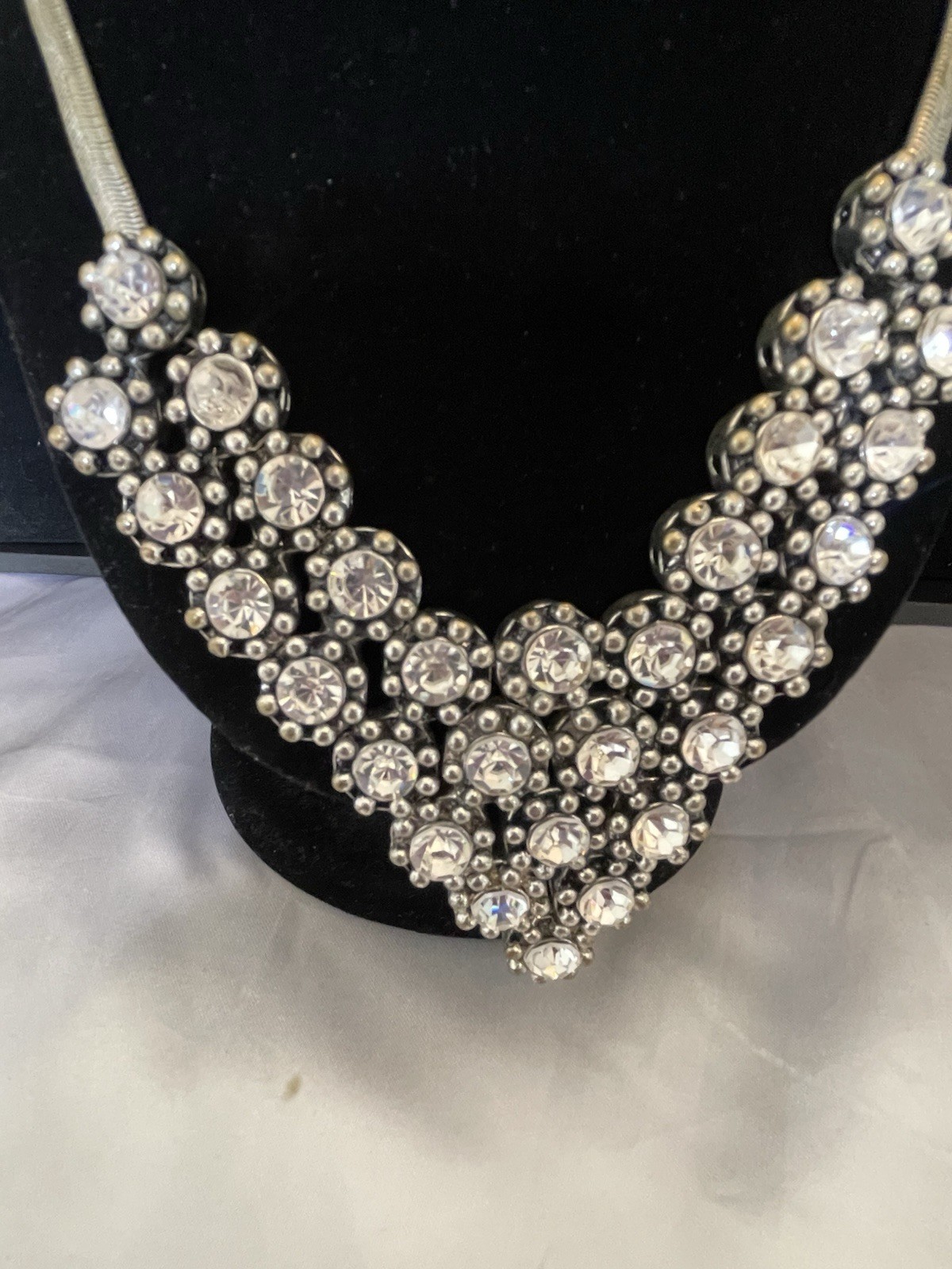 Vintage ALDO Drop “V” Rhinestone Necklace Silver Tone Snake Chain STATEMENT BIB