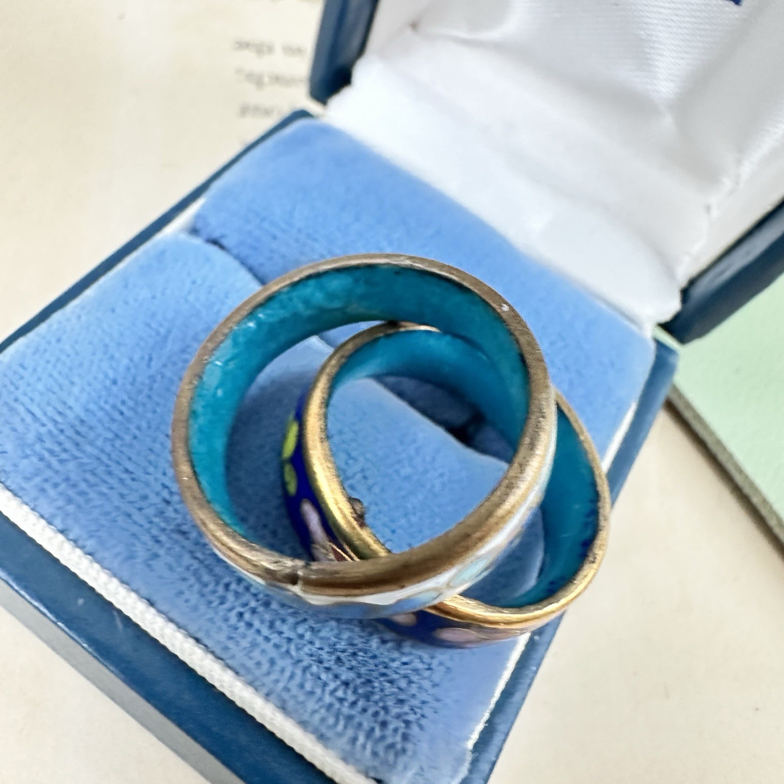 Vintage Cloisonné Enamel Ring Stack Floral Pink Blue White Pastel Band Rings 7