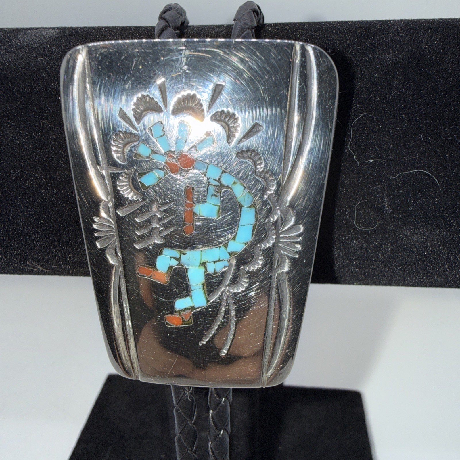 vintage turquoise coral chip inlay sterling silver Bolo Tie Kokopelli figure CH