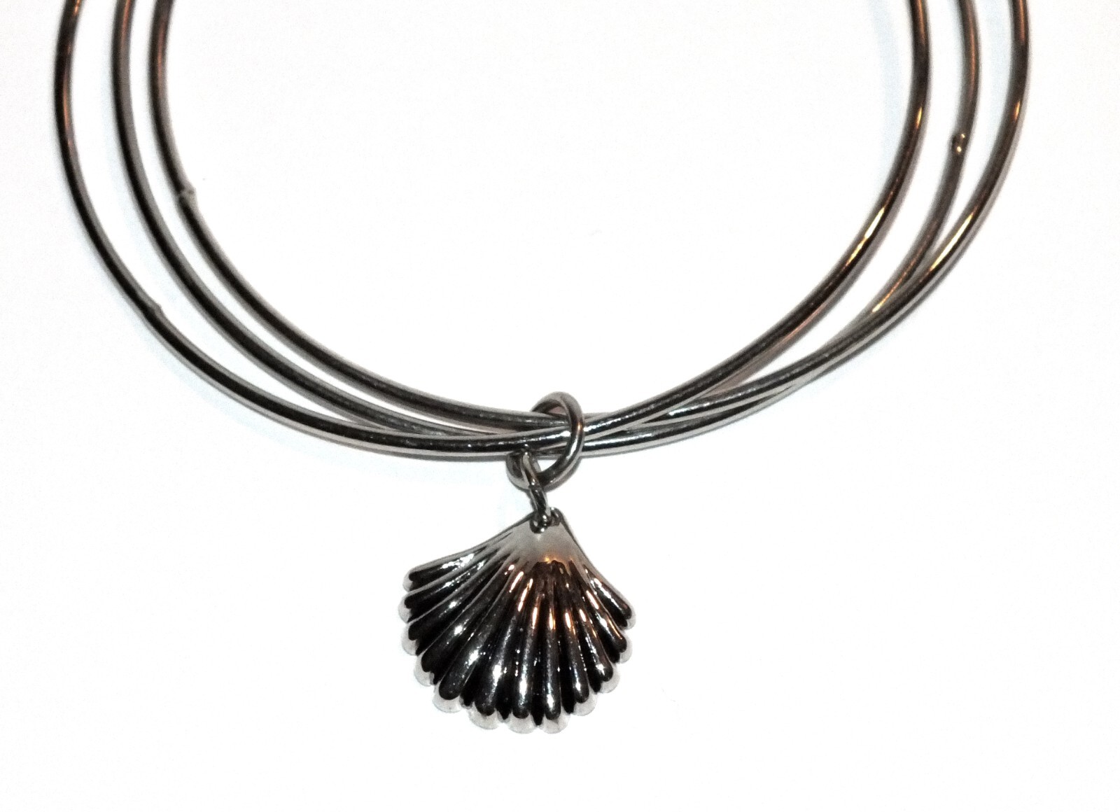 Silver Tone Bangle Bracelet 3 Bracelets Shell Charm Nautical Themed Jewelry J503
