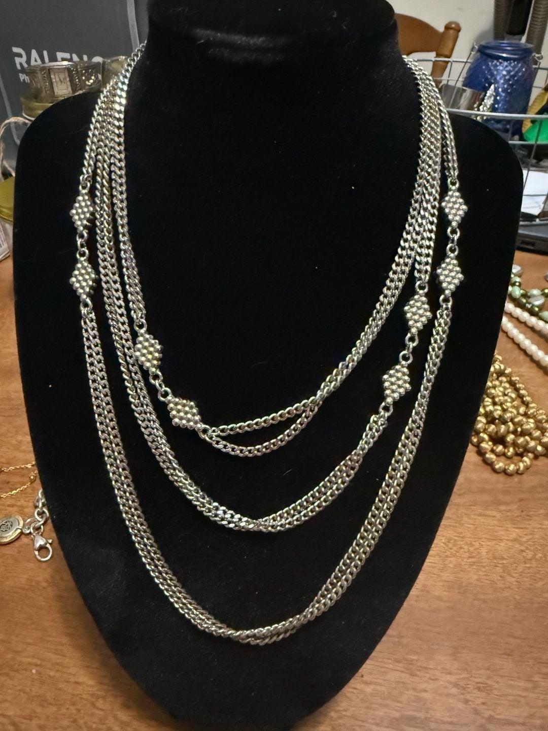 Monet Multi-Strand Silver Tone Chain Necklace with Textured Bead Stations