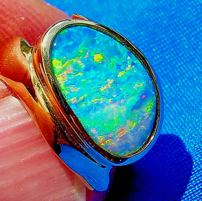 Original EARTH MINED Black OPAL Deco Ring Designer Hand made SOLID 14K GOLD 6.25