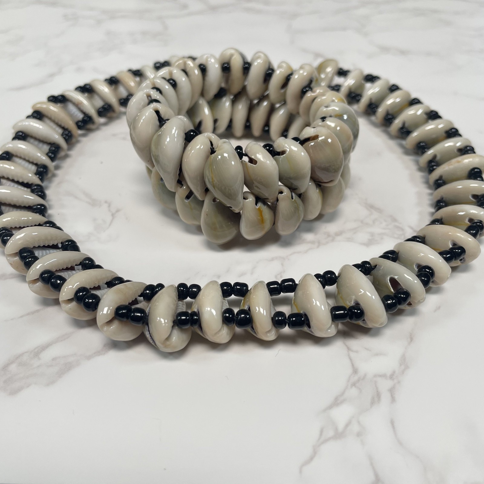 African Handmade Bold Cowrie Shells & Black Accent Beads Necklace & Bracelet