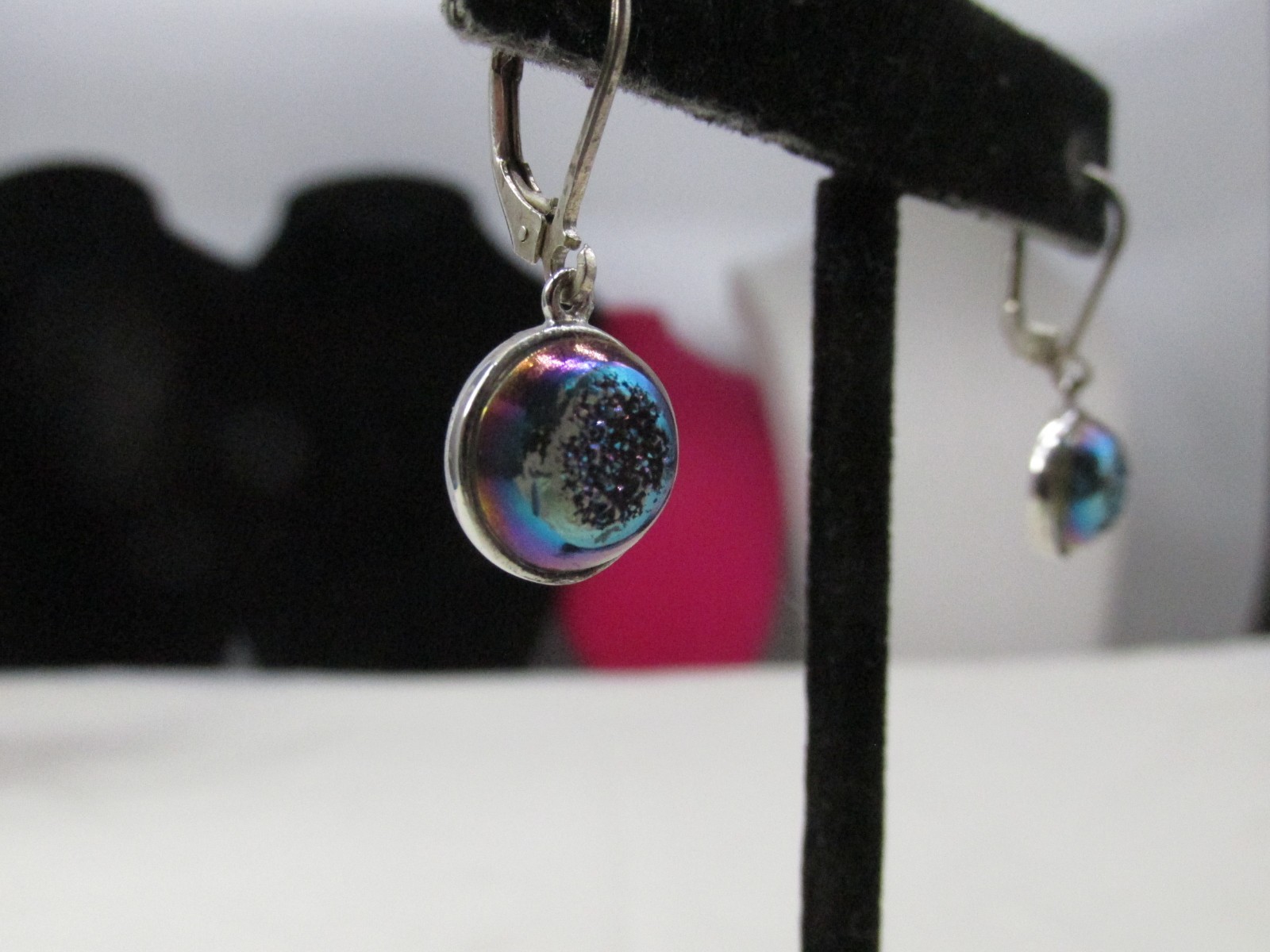 PJC India Sterling Silver Oil Spill Druzy Drop Style Pierced Earrings 1″ #439