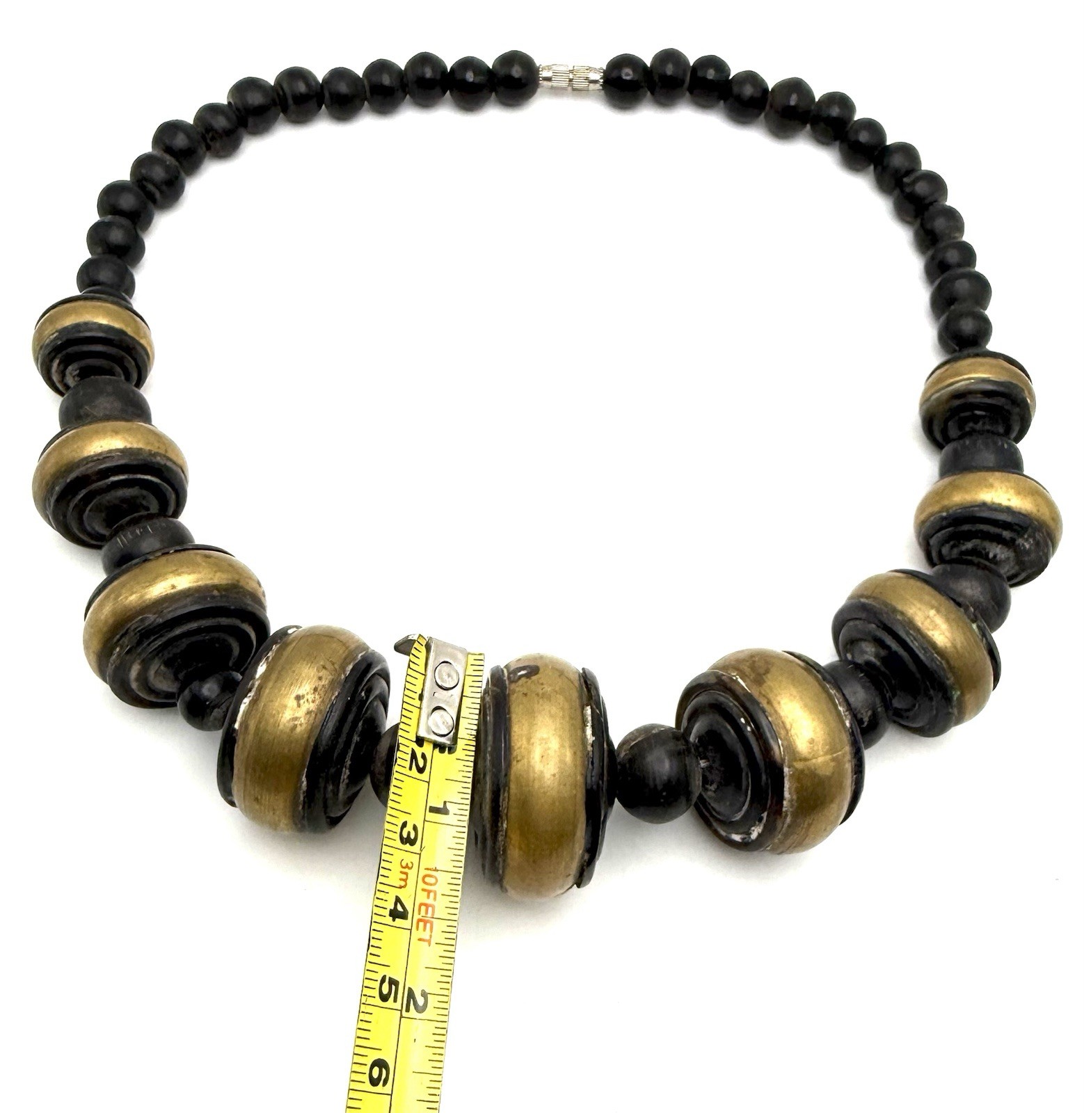 Bone & Brass Necklace Chunky Bold Beaded Vintage Boho Tribal 21” Black & Gold