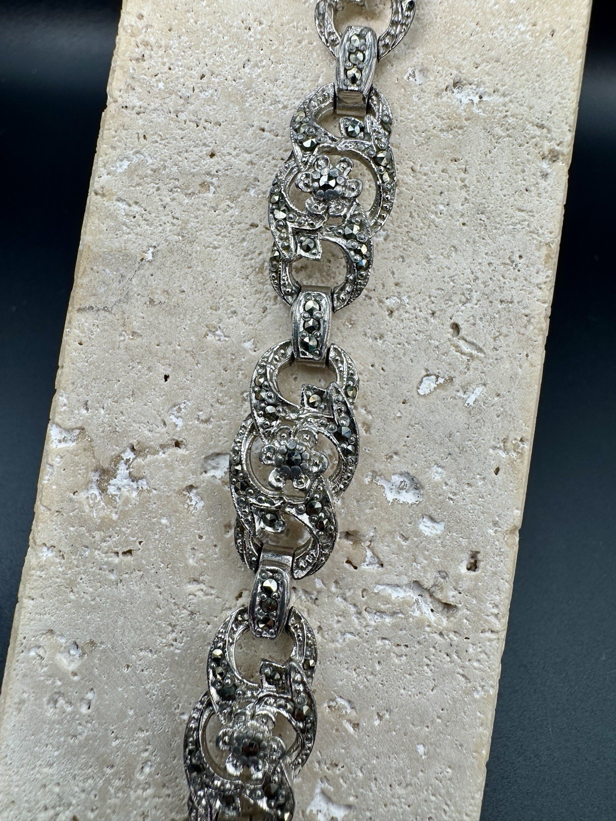 Antique Signed SPHINX Marcasite Link Bracelet Art Deco 1950s Floral Silver Tone