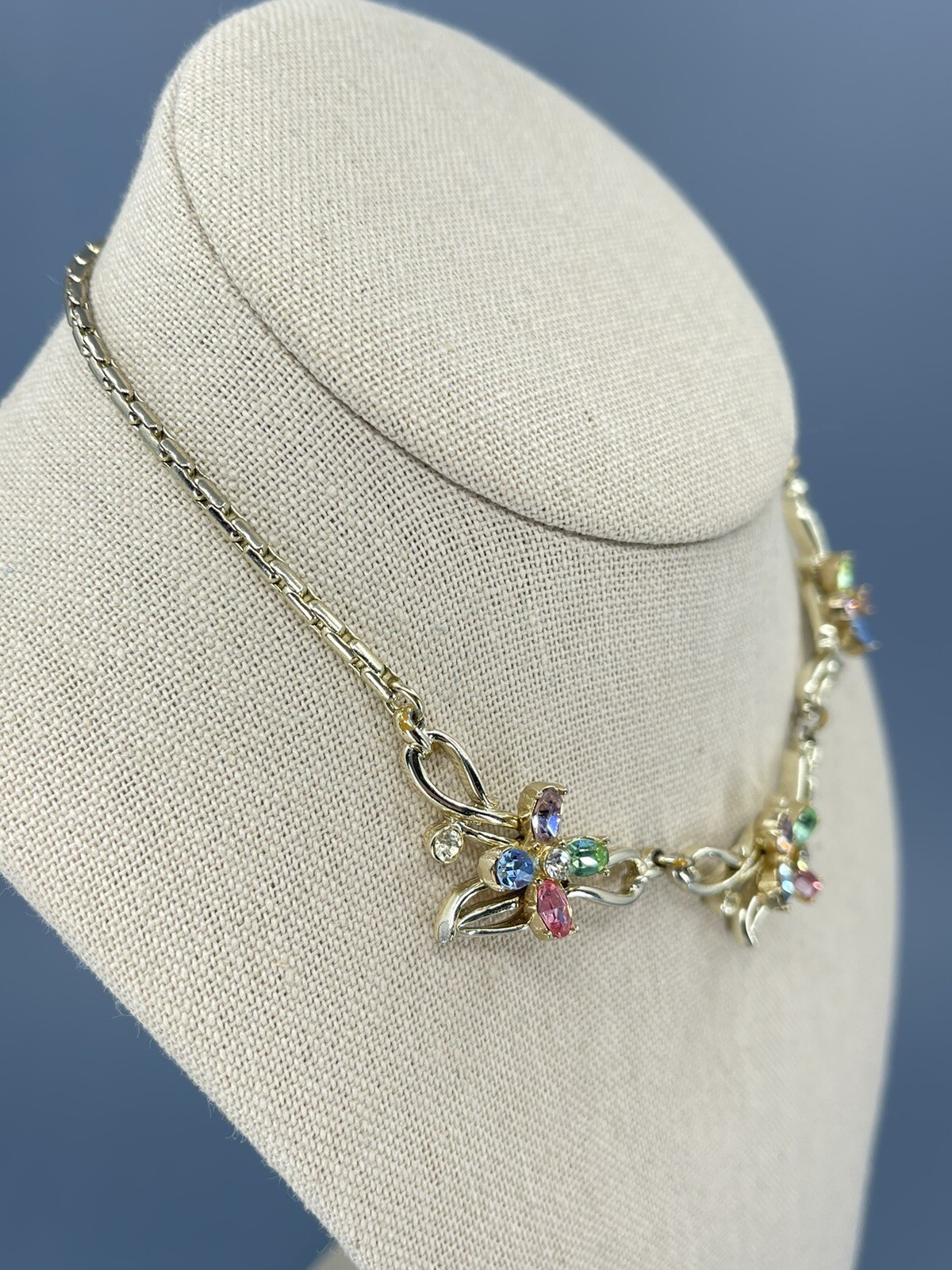 Kramer Flower Necklace Choker multi colored Rhinestones gold tone 15″