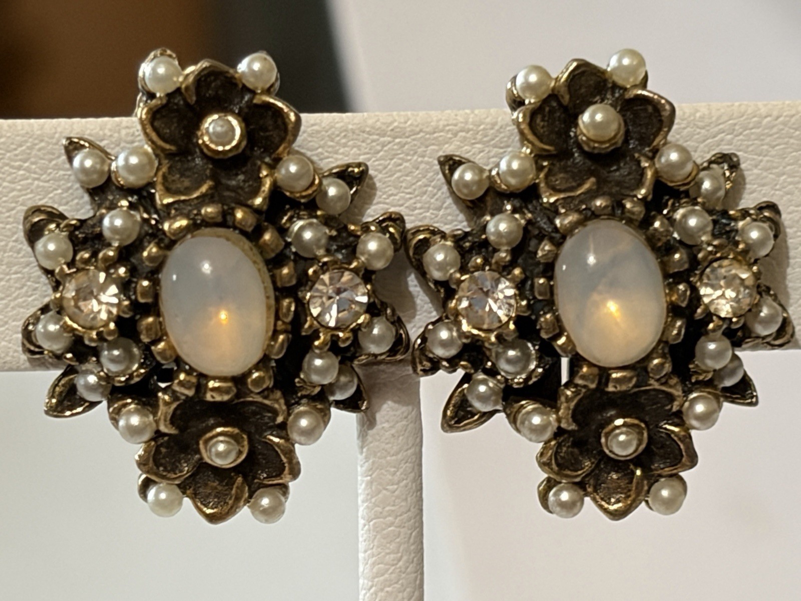 Vintage Opaline Glass Pearl Rhinestone Floral Clip Earrings Gold Tone