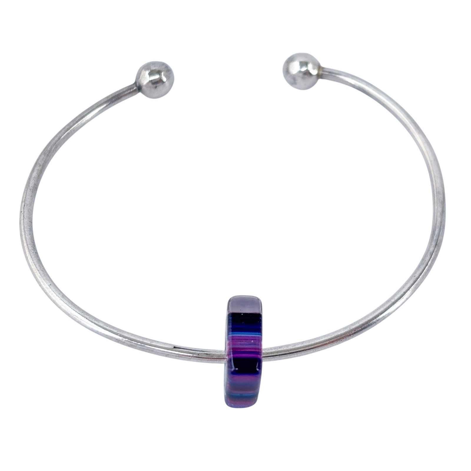 Ball Tip Cuff Bracelet | Purple Glass Charm | Vintage Sterling Silver 925 | 6.5″