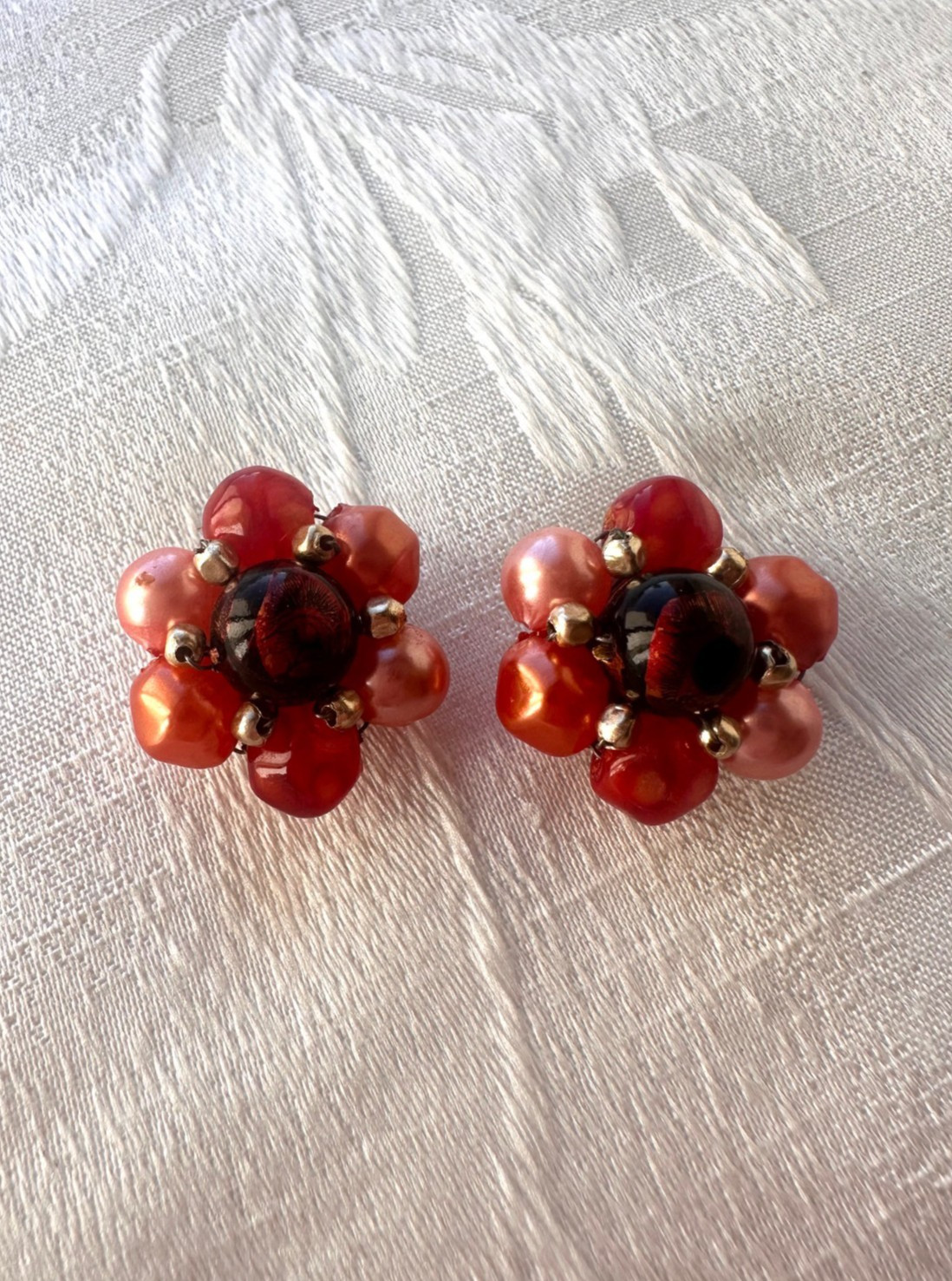 Vintage Green Tone JAPAN and Red Tone HONG KONG Beaded Clip On Earrings