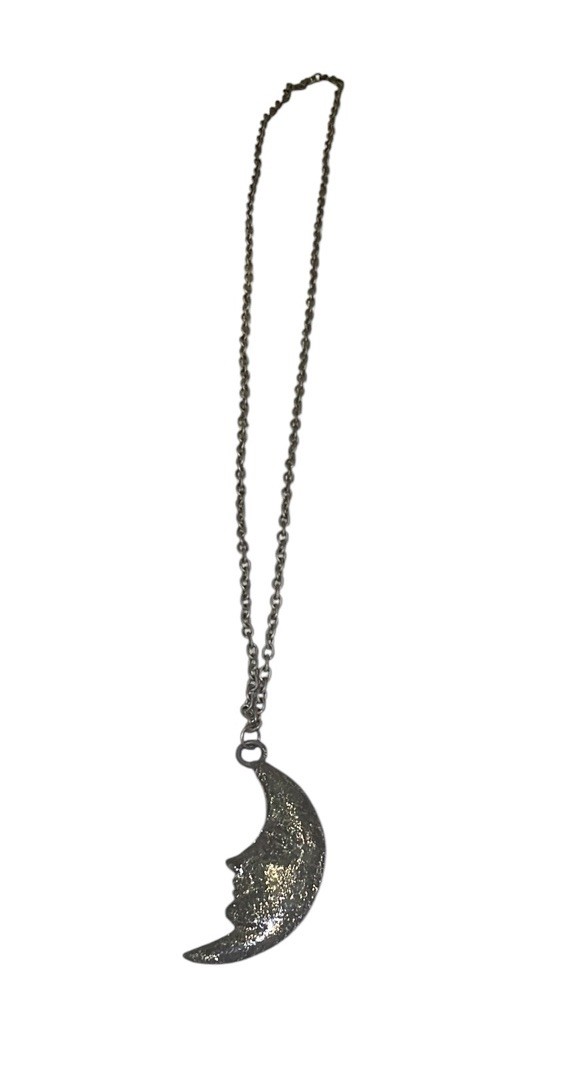 Vintage Crescent Man In The Moon Face Necklace Celestial Silver Metal Sparkle