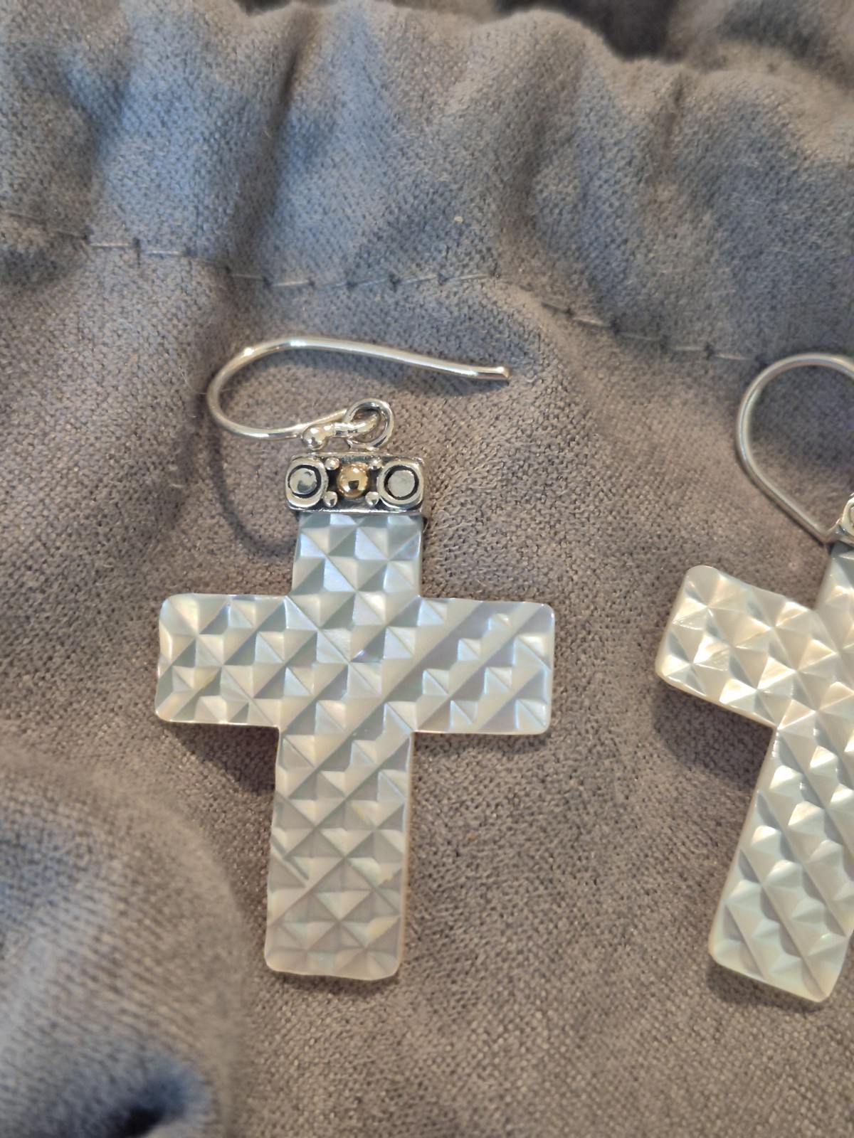 EUC Robert Manse 18k Gold Sterling Silver Carved MOP Shell Cross Dangle Earrings