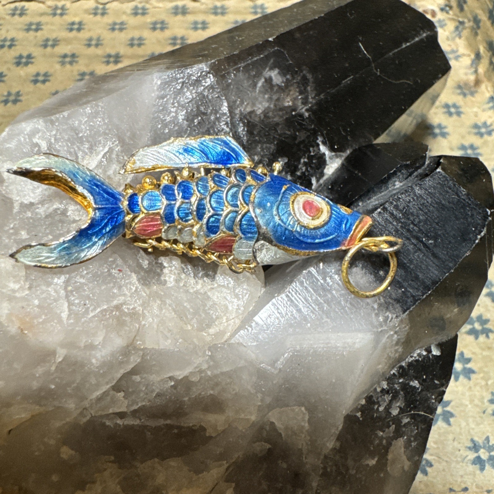 Vintage Koi Fish Cloisonne Blue White Pink Articulated Enamel Ornament Pendant