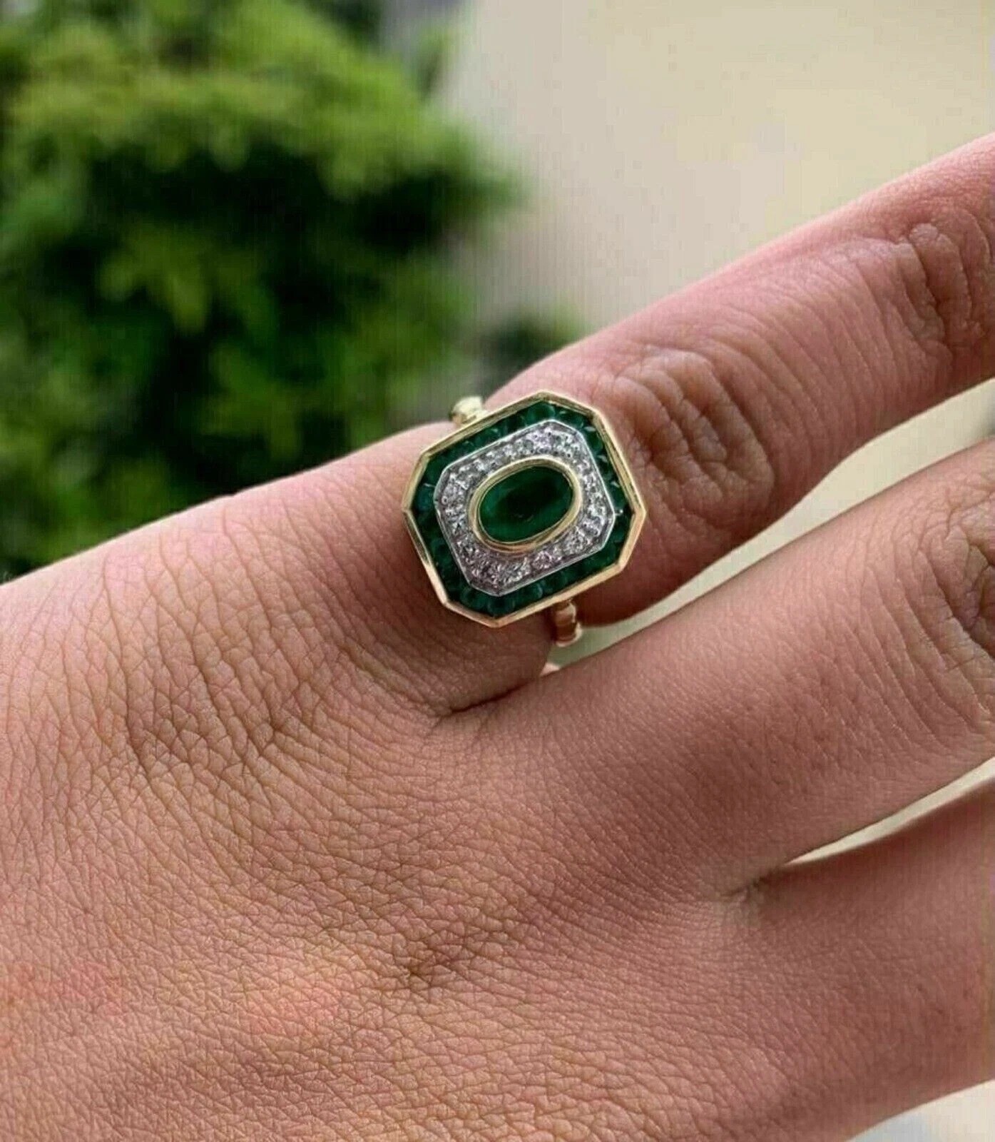 Vintage Art Deco Style Oval Lab Created Emerald Engagement 14K Gold Finish Ring