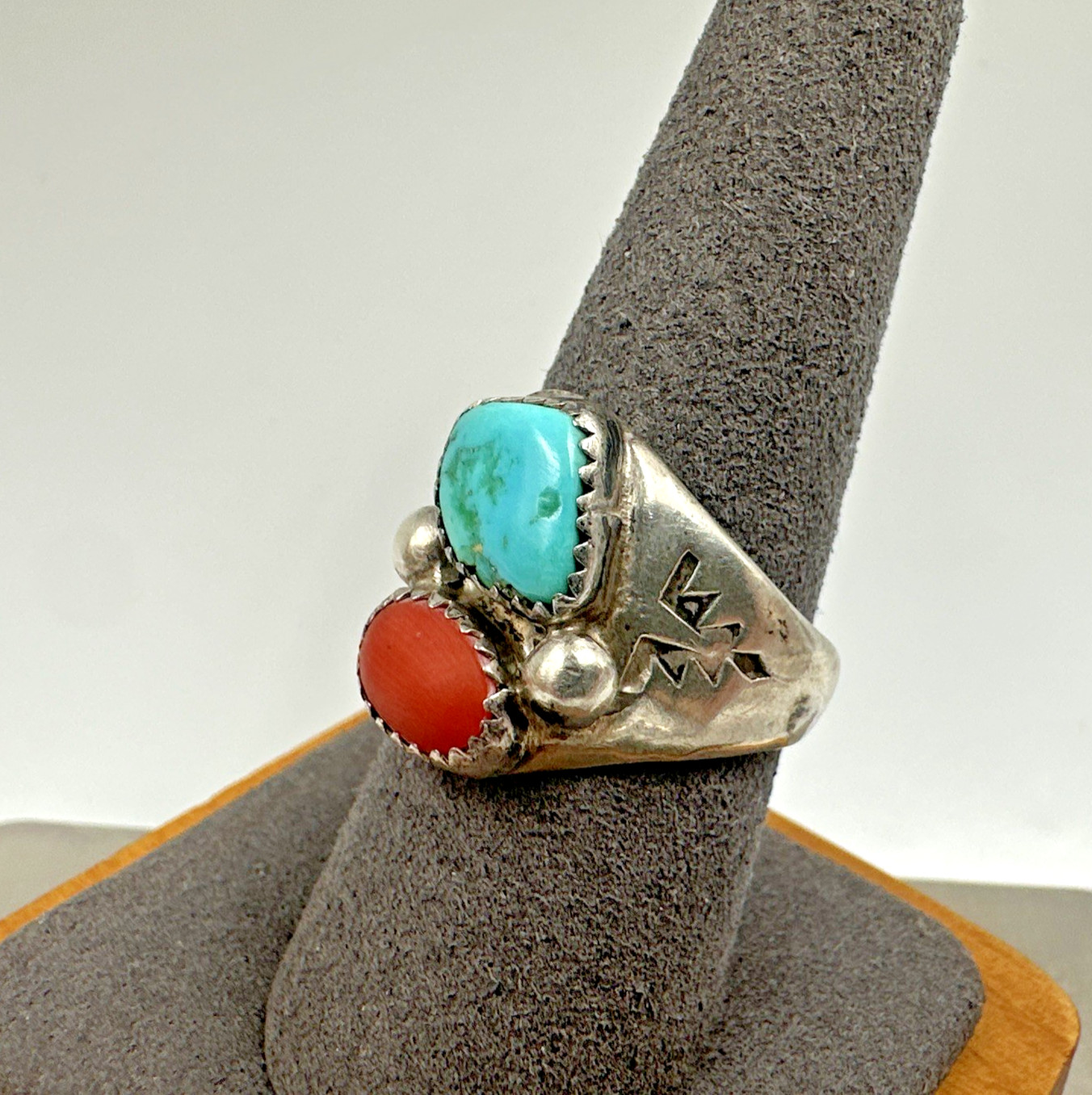 Vintage Sterling Turquoise Coral Unisex Ring Signed VL Vera Luna Size 8.5