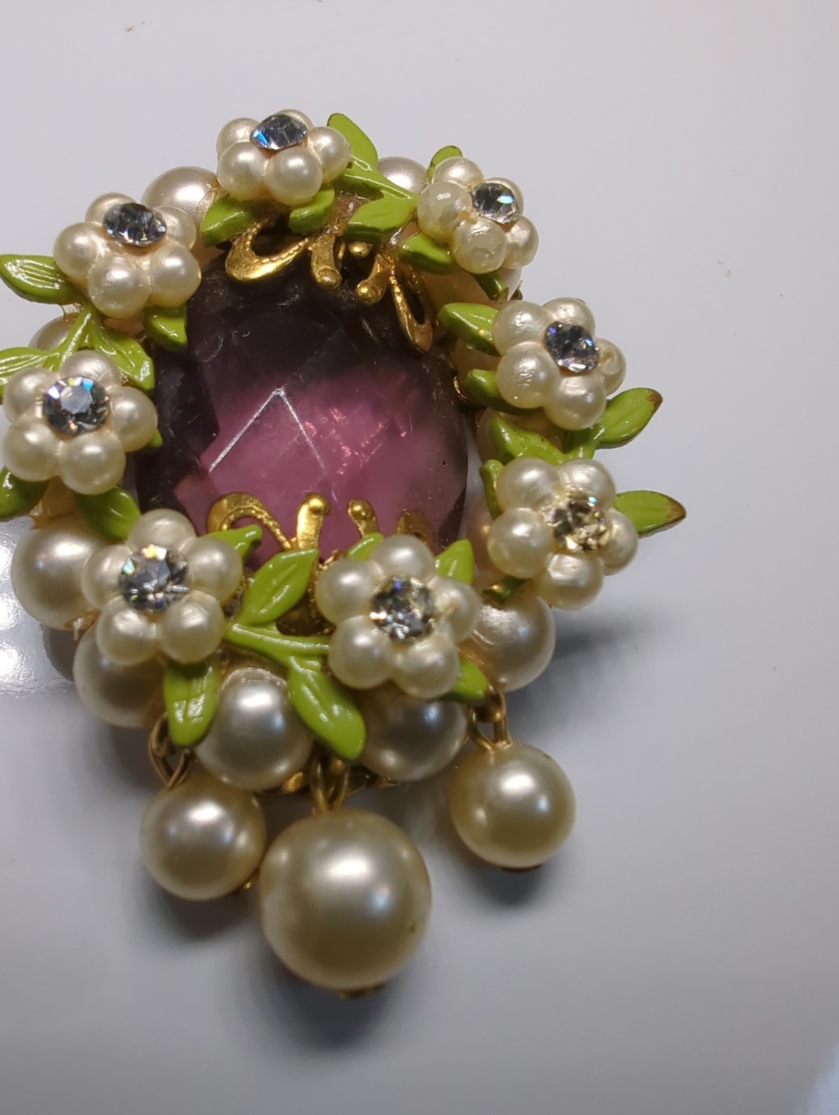 Vintage Wreath Pendant Necklace Delicate Pearl Flowers Amethyst Green Enamel