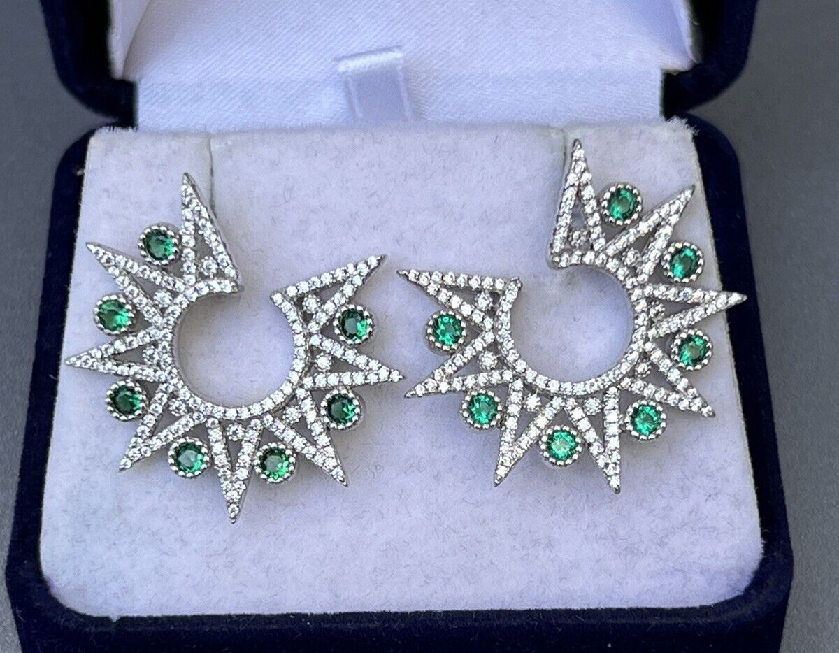 Vtg Sterling Star Point Statement Earrings, Emerald Green & Clear CZ Settings