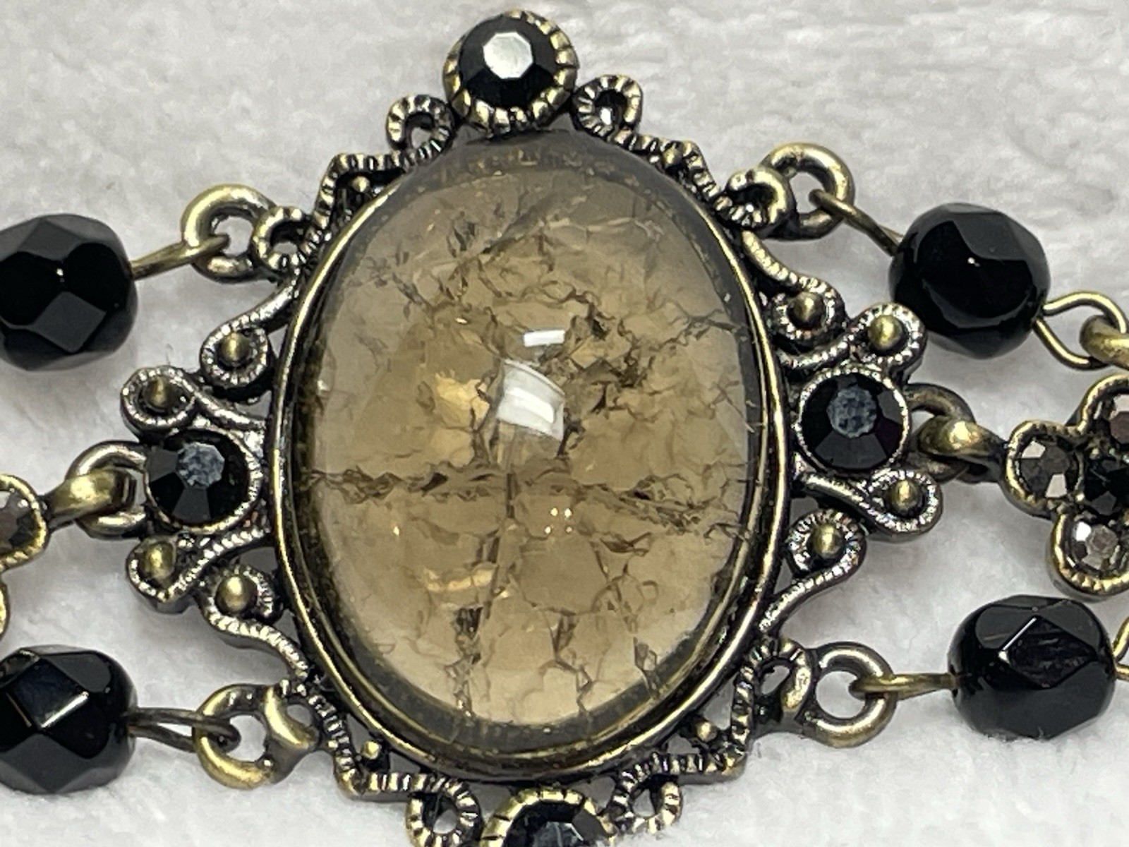 VTG Black Victorian Revival Cabochon Rhinestone Metal Bracelet! Amber-look 8”