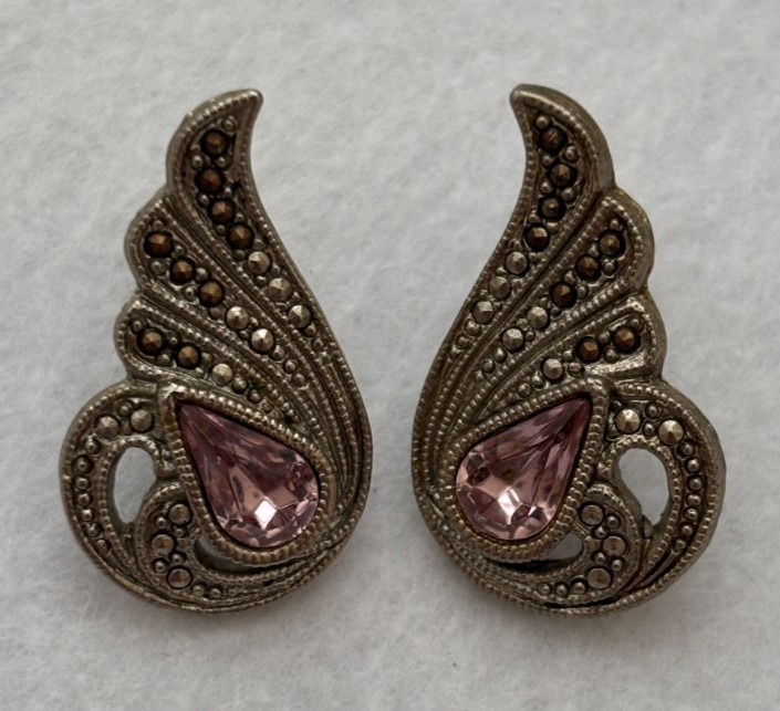 Vintage Pink Teardrop Earrings Marcasite Style Silver Tone