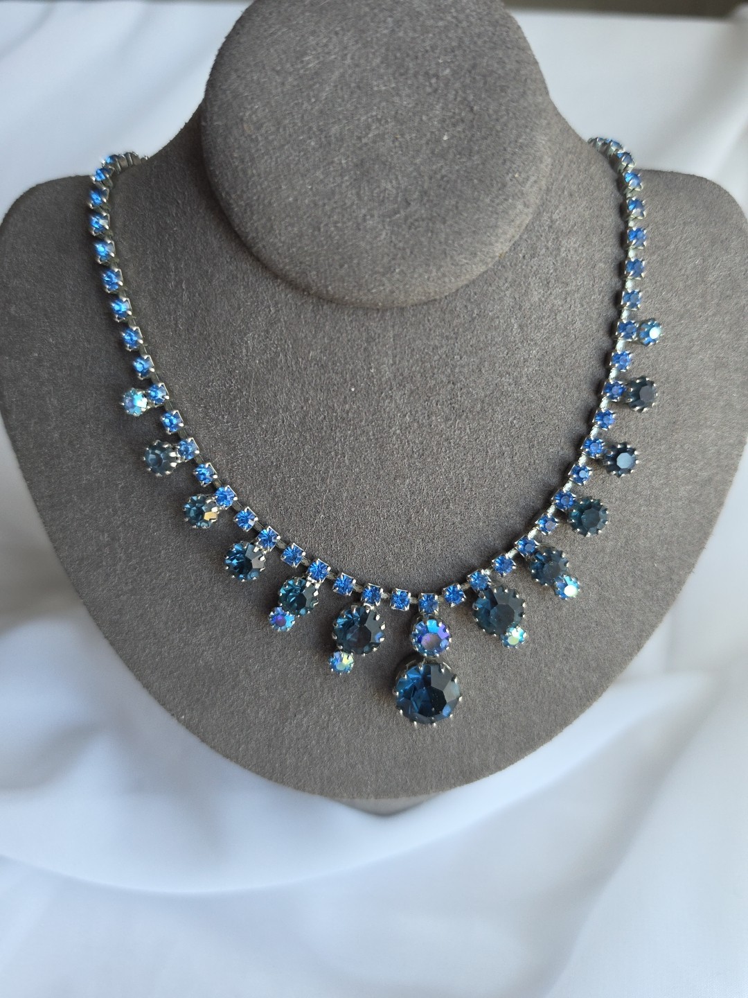 Mid Century Two Tone Blue Rhinestone Choker Necklace 16″