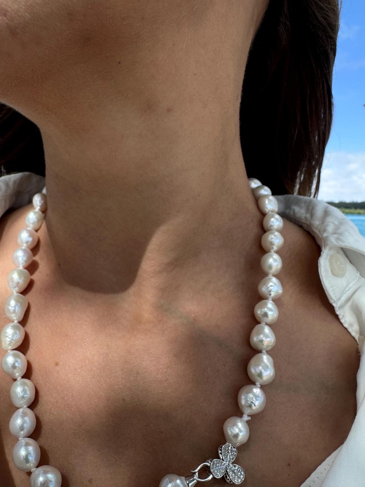 21” White Baroque Edison Pearl Necklace Kasumi Style Sterling Silver CZ Clasp