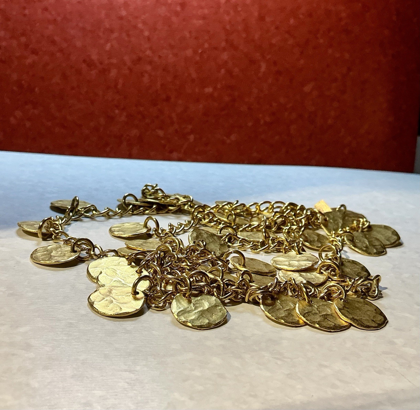Vintage Kenneth Jay Lane Satin Gold Hammered Coins Discs Necklace 36″ Long 1980s