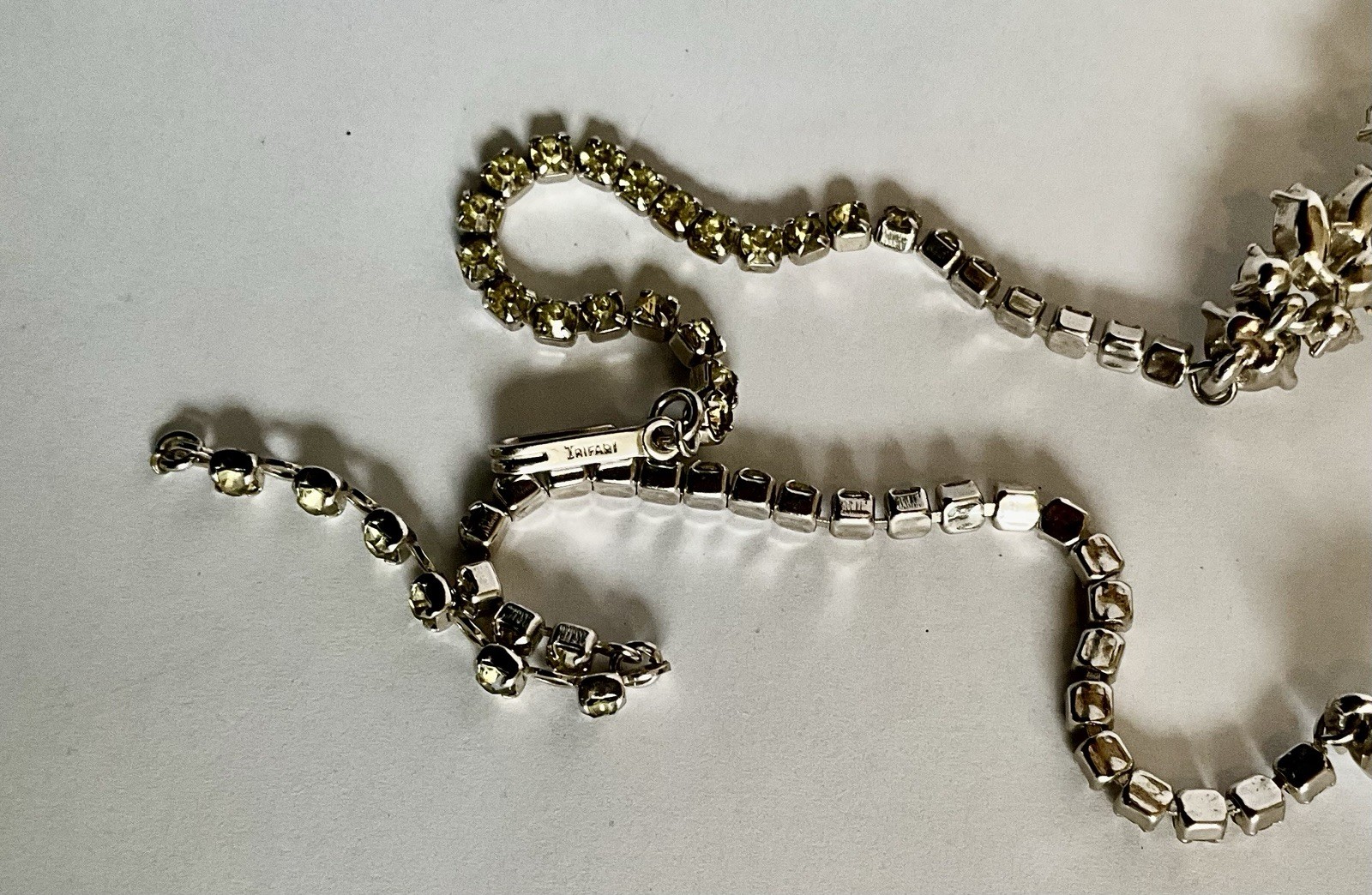 Vintage Signed Trifari Necklace Yellow Blue Clear Gray Rhinestones Flower Drop