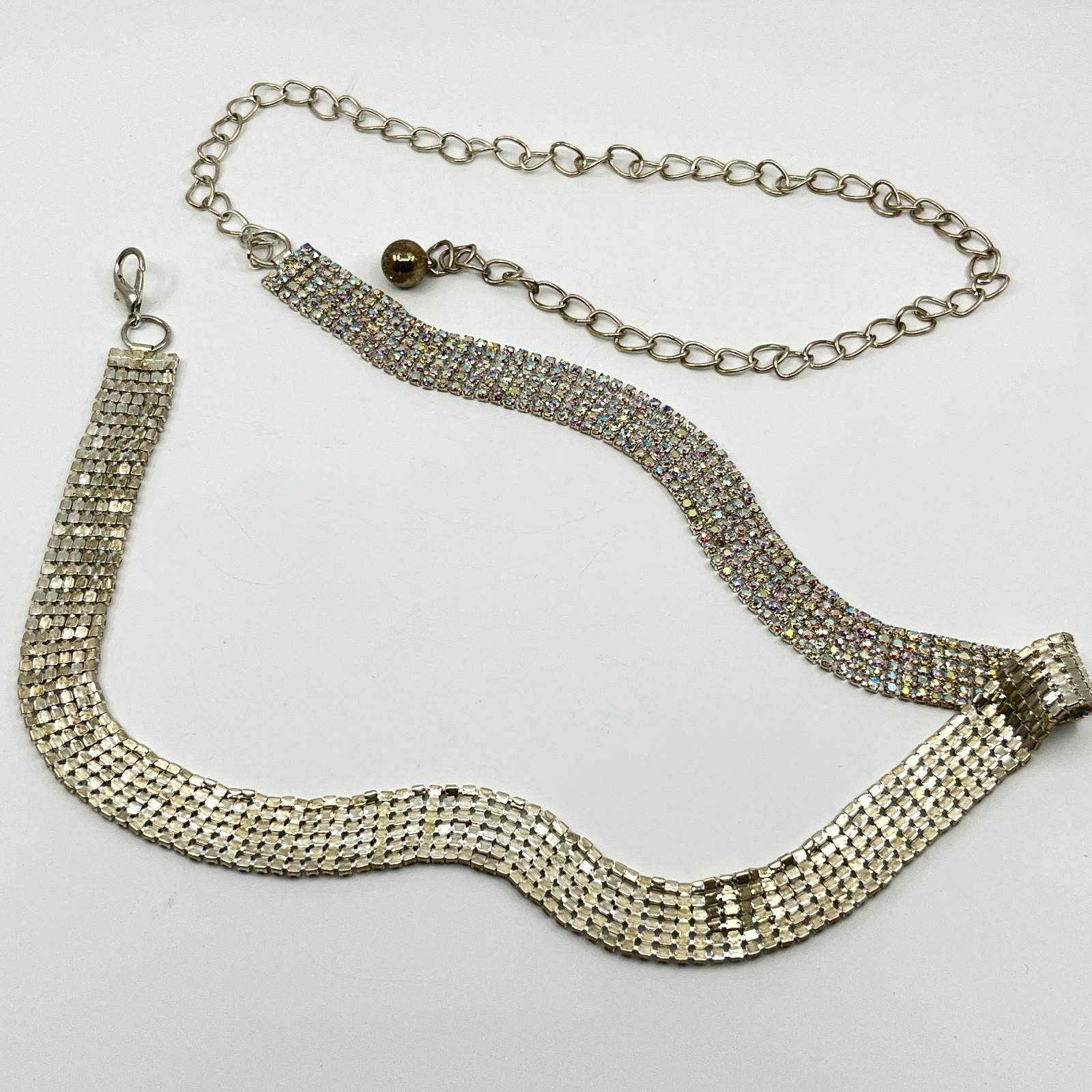 VTG Y2K Silver Multi-Row Aurora Borealis Rhinestone Chain Belt Choker Lobster