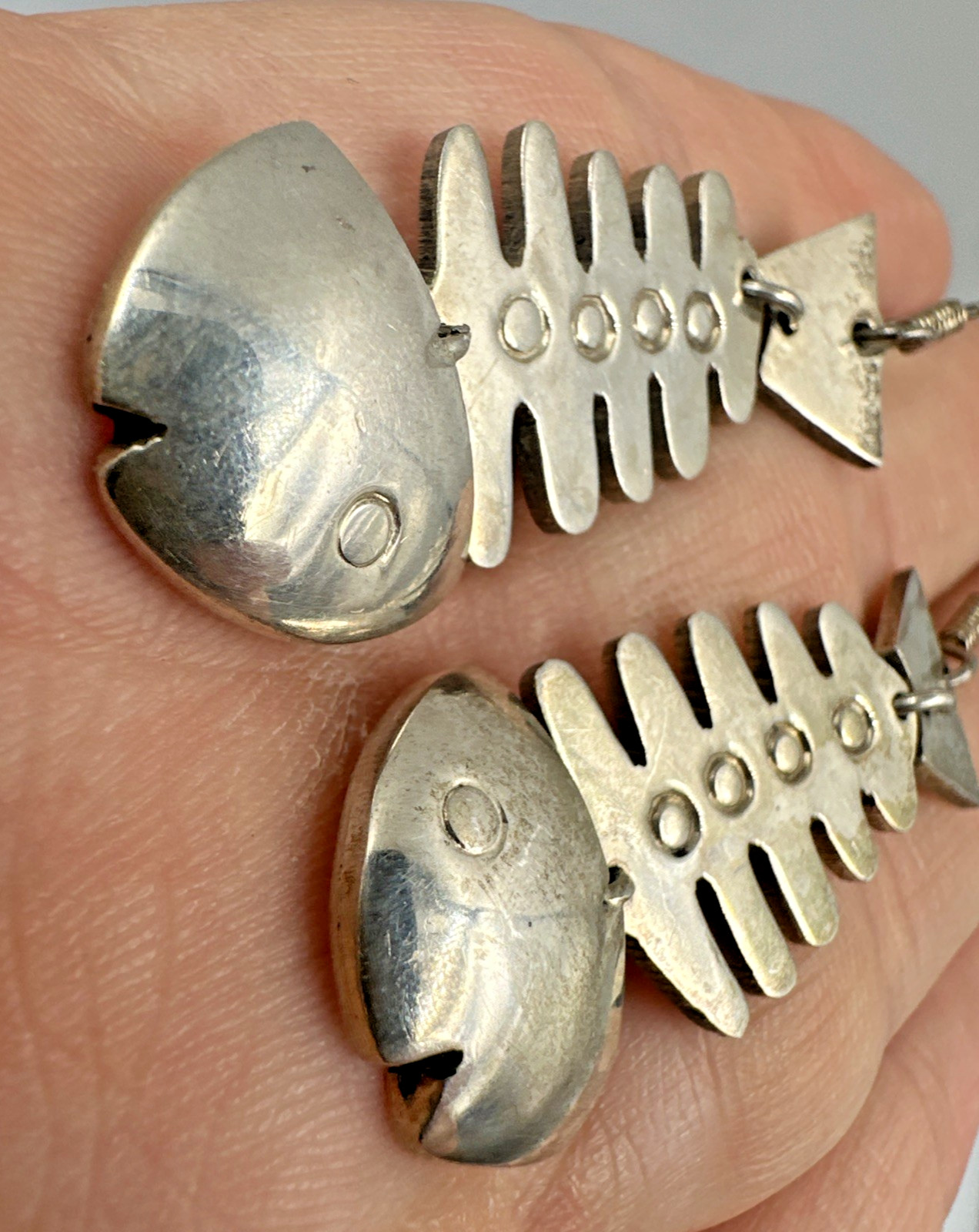 Vtg Taxco Sterling Silver Articulated Skeleton Bone Fish Dangle Earrings 15.9g