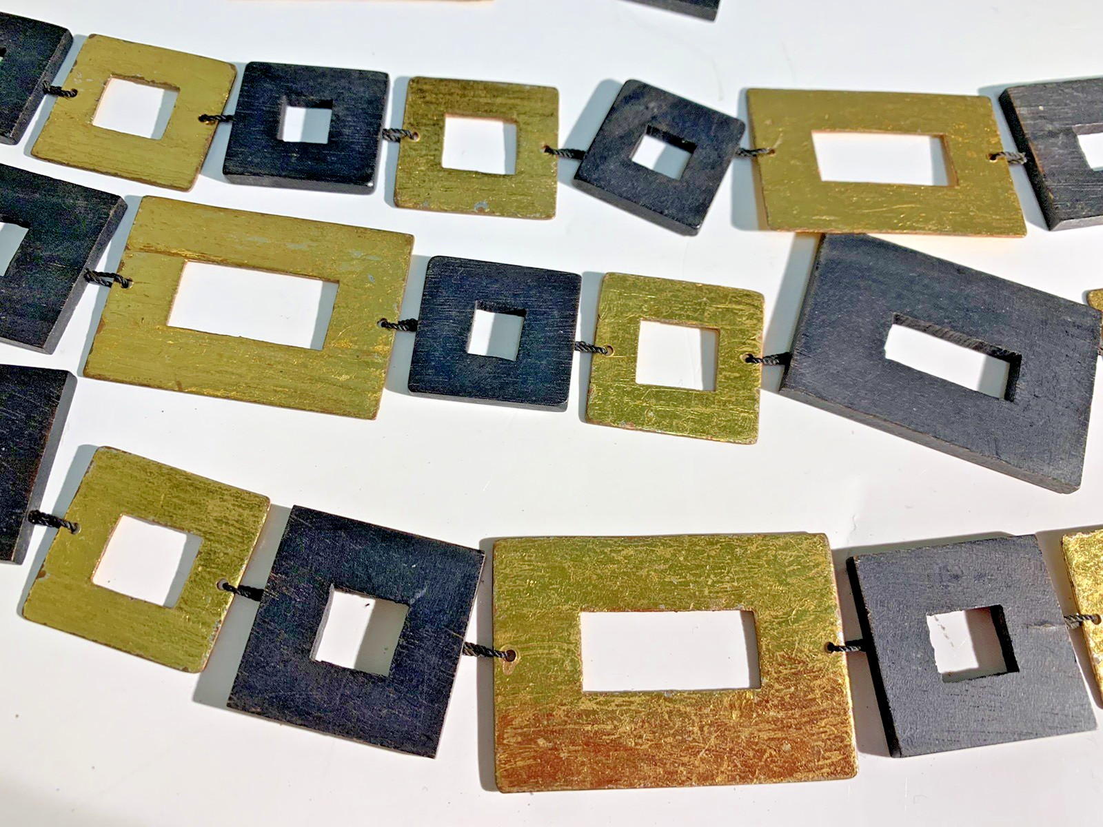 GERDA LYNGGAARD BLACK Wood Rectangles & GOLD Boxes Statement Couture Necklace