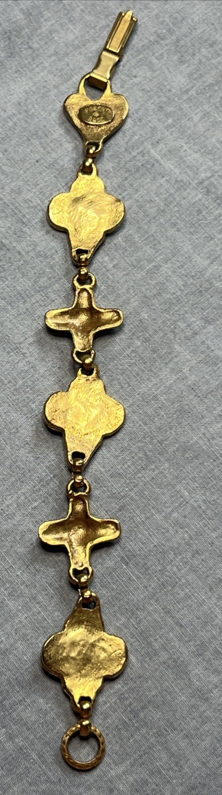 Robert Rose Bracelet VTG Thick Gold Tone Hearts Stones Artisan Links 7” 1990s