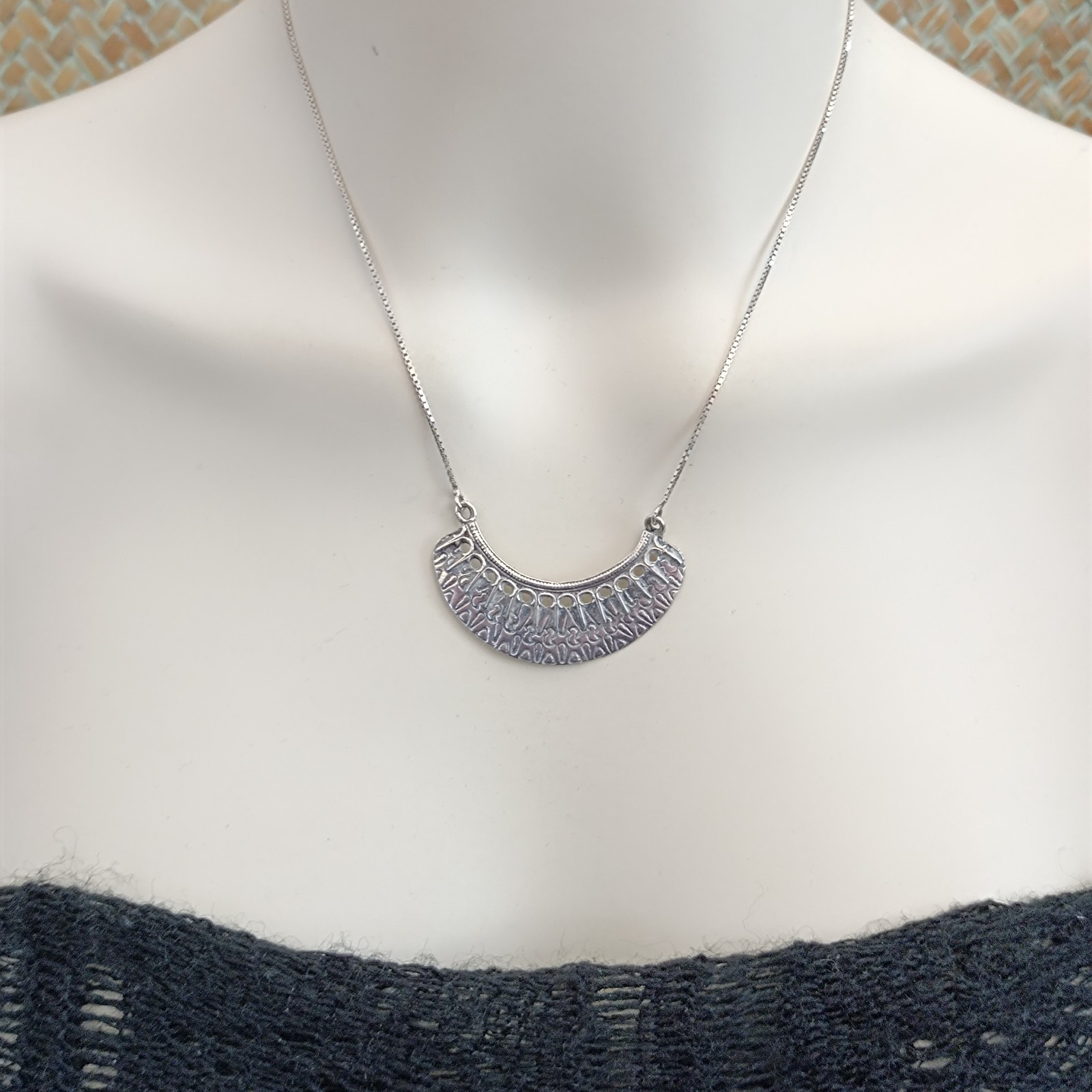 Vintage Sterling Silver Moon Crescent Necklace Ethnic Folk Inspired Engraved Bib