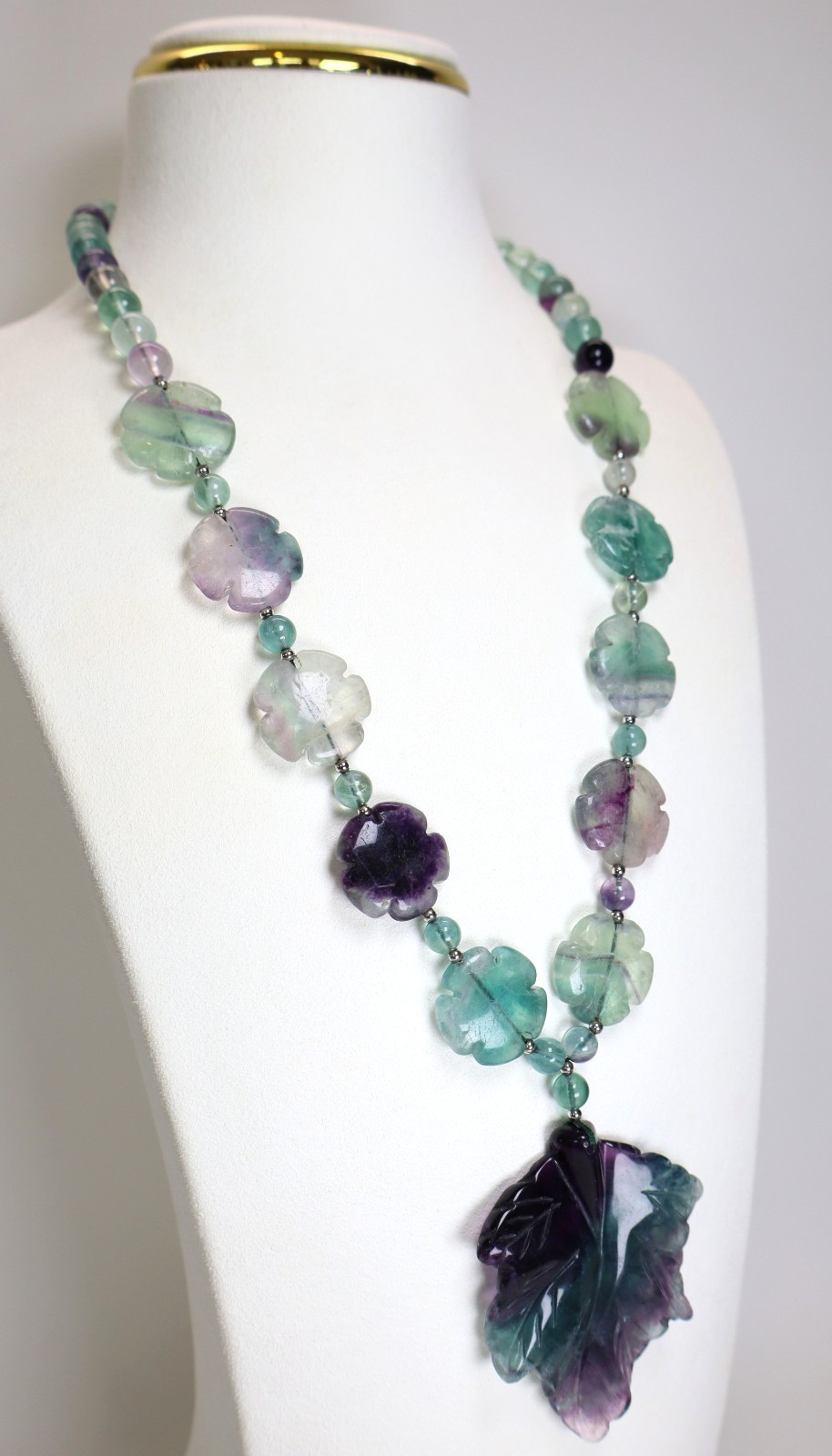 Rare Vintage Chinese Carved Fluorite & Sterling Silver Pendant Necklace