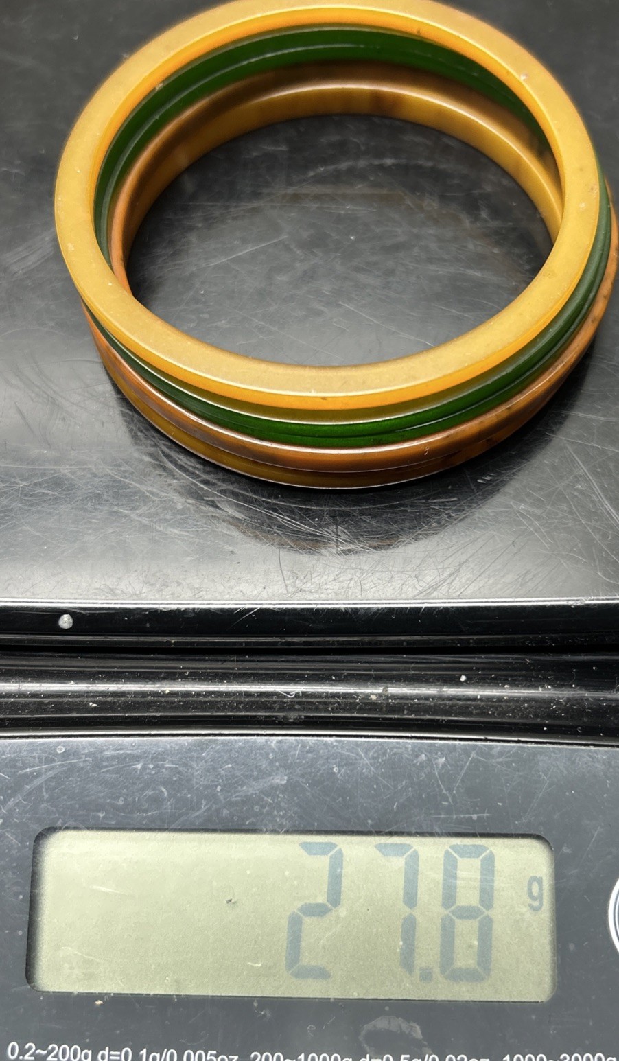 5 Vtg Tested Bakelite Thin Stackable Bangles Green, Orange Marbled Mid Century