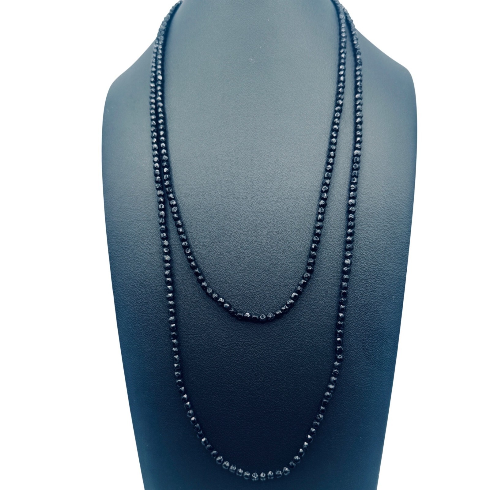 Antique Victorian Mourning Necklace 50″ Black Jet Endless Silk Cord 4mm Beads